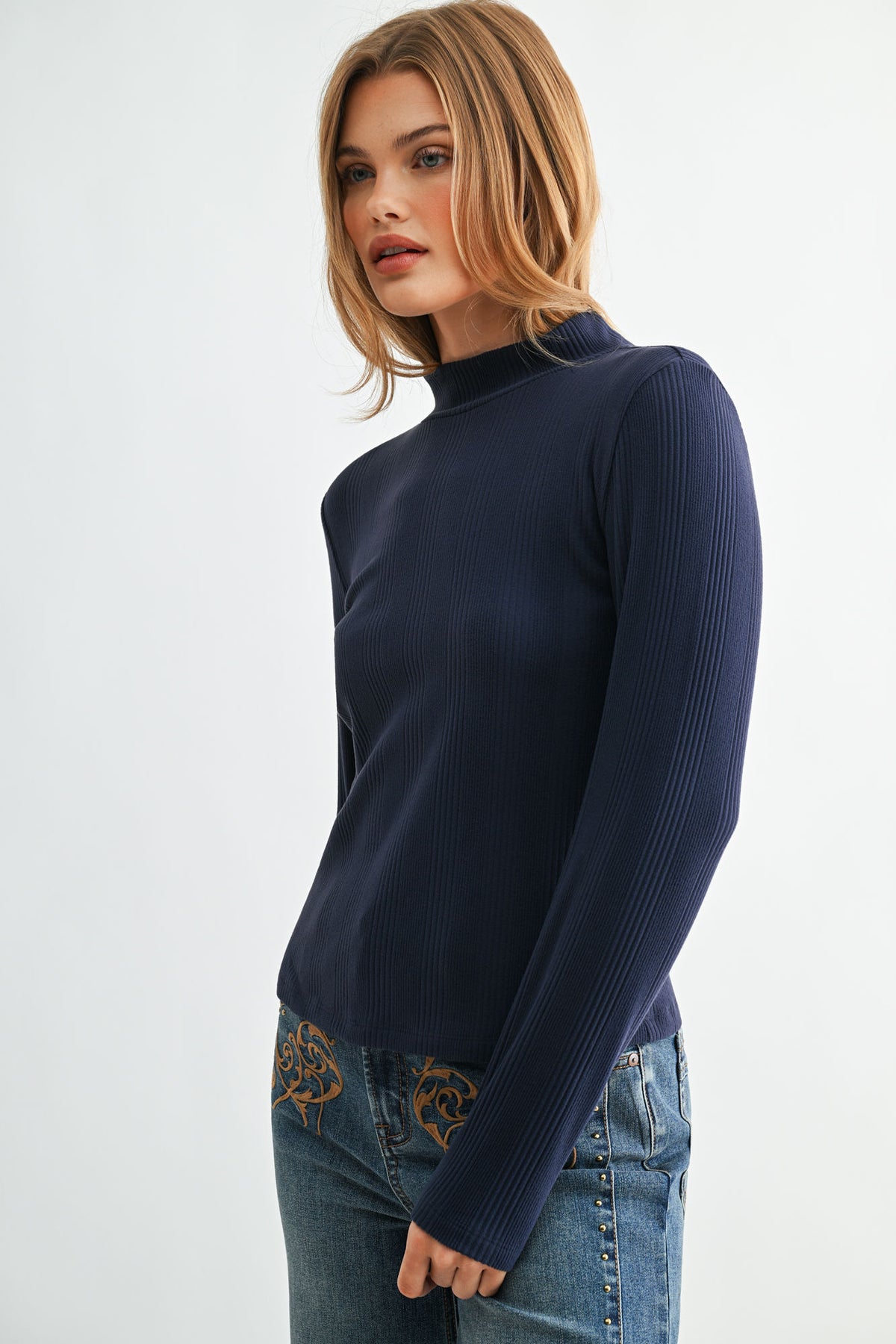 Navy Long Sleeve Mock Neck Top
