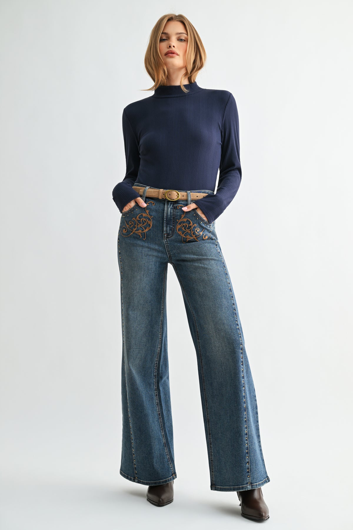 Navy Long Sleeve Mock Neck Top