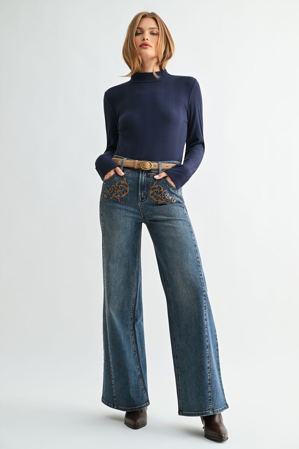 Navy Long Sleeve Mock Neck Top