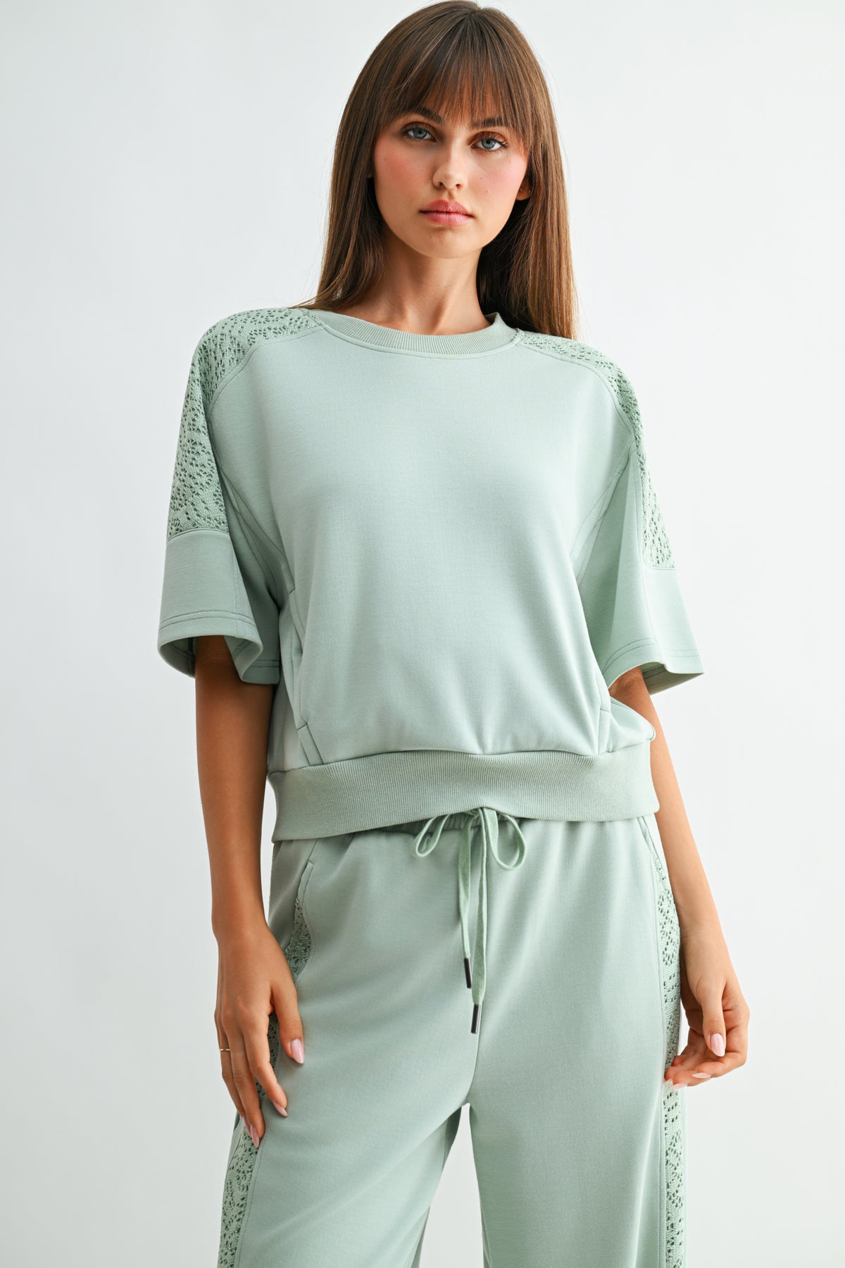 Soft Sage Petite Short Sleeve Lace Mixed Sweatshirt