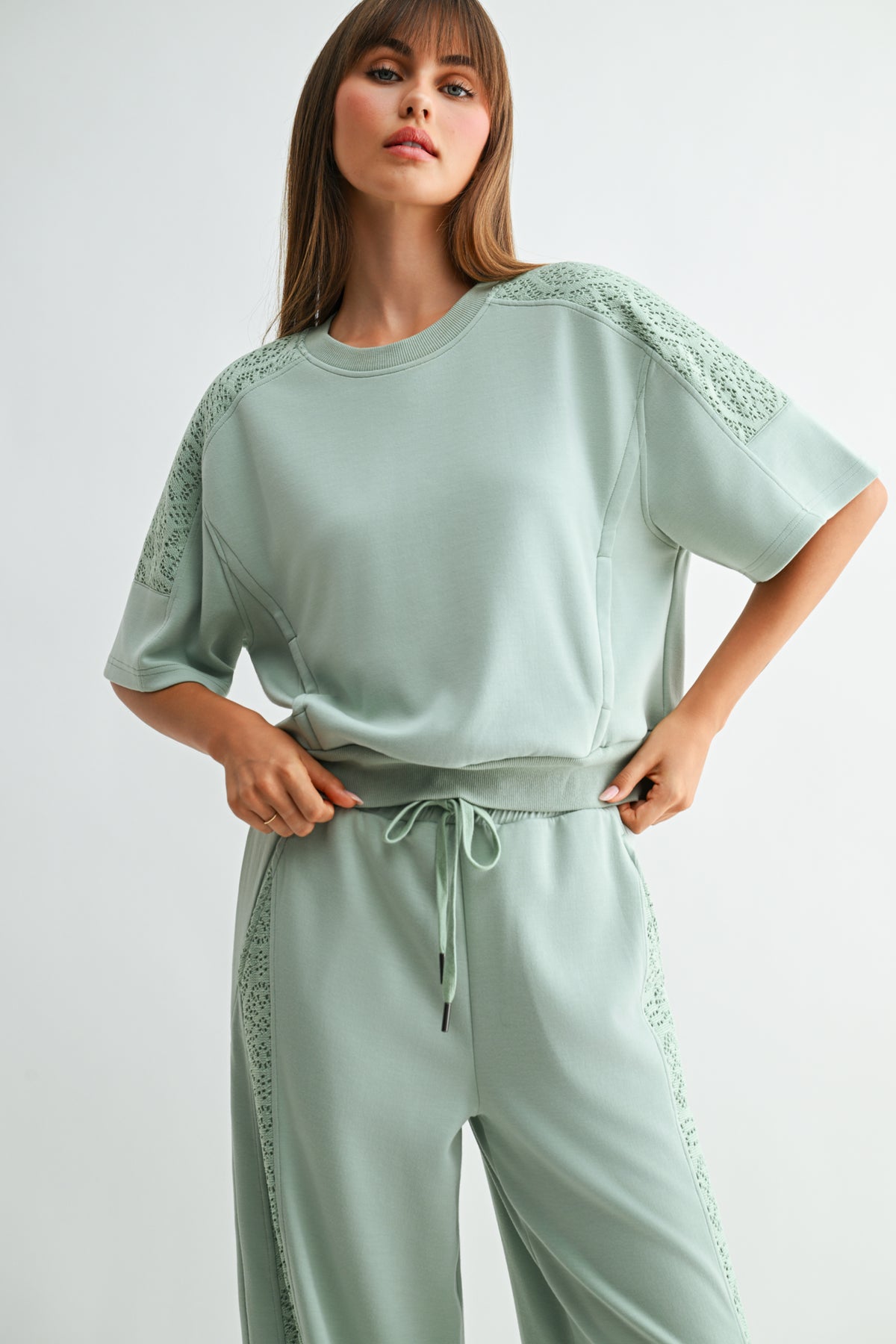 Soft Sage Short Sleeve Lace Mixed Sweatshirt