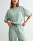 Soft Sage Short Sleeve Lace Mixed Sweatshirt