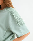 Soft Sage Plus-Size Short Sleeve Lace Mixed Sweatshirt
