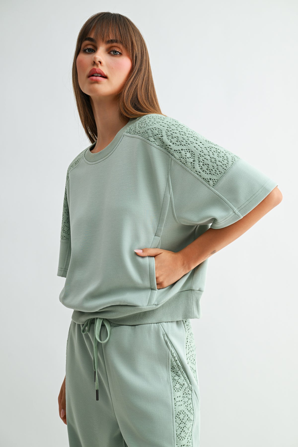 Soft Sage Short Sleeve Lace Mixed Sweatshirt