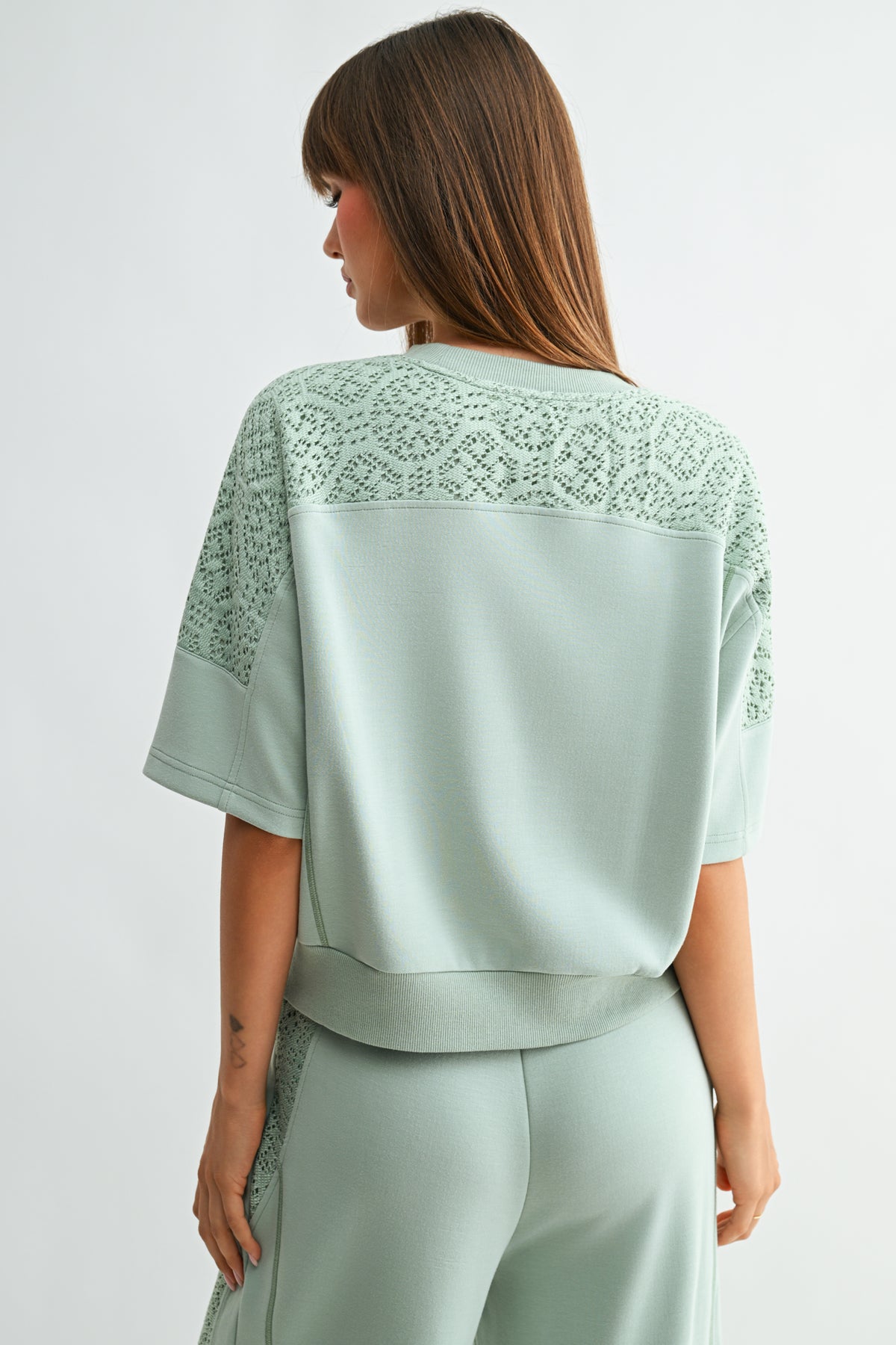Soft Sage Petite Short Sleeve Lace Mixed Sweatshirt
