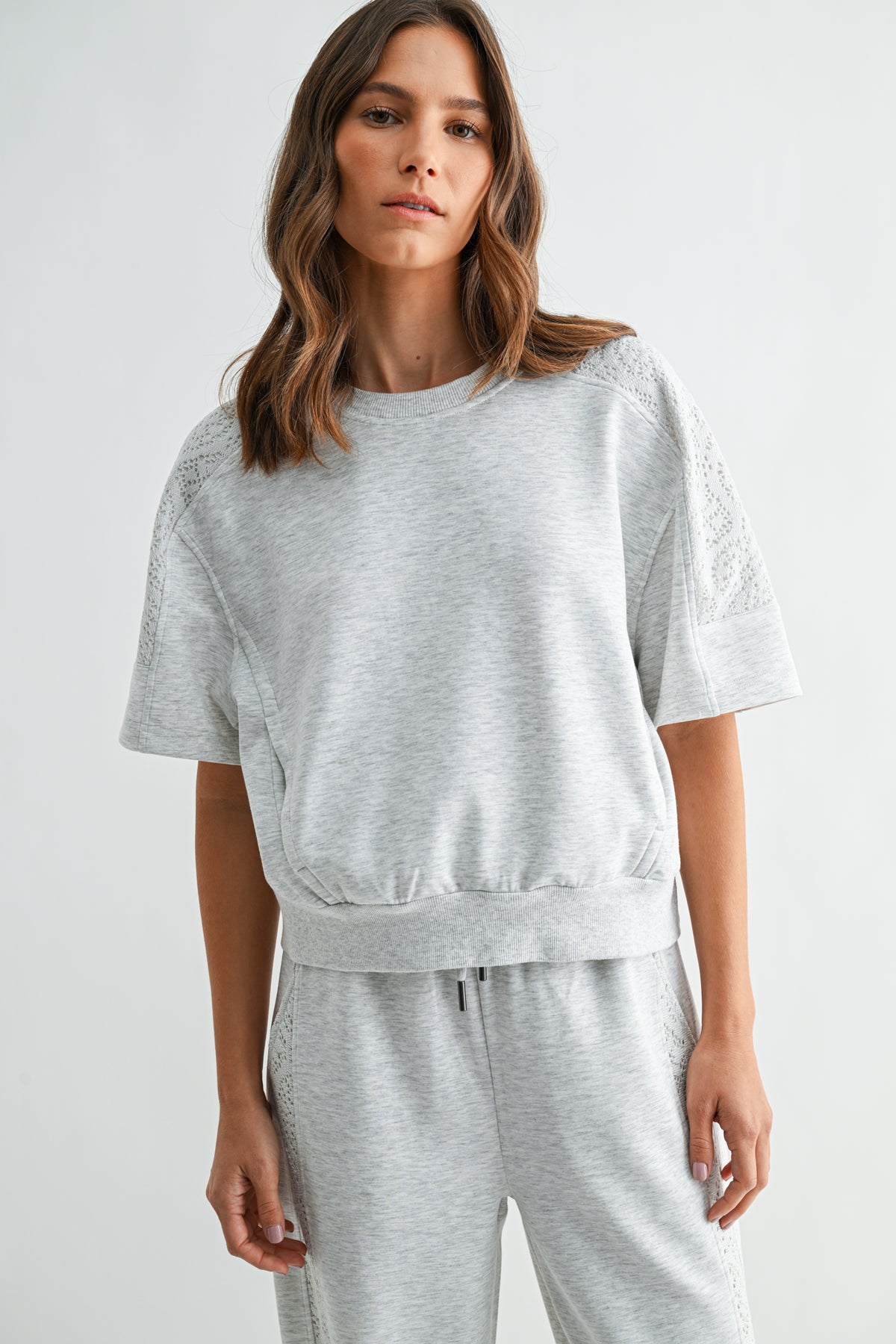 Heather Grey Short Sleeve Lace Mixed Sweatshirt
