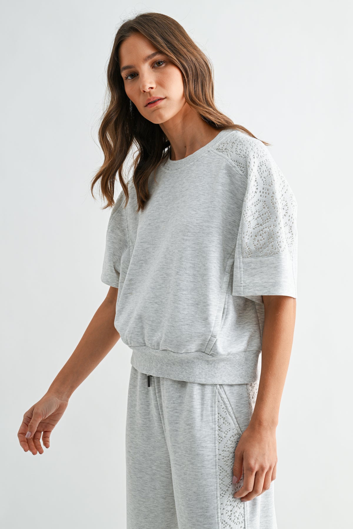Heather Grey Short Sleeve Lace Mixed Sweatshirt