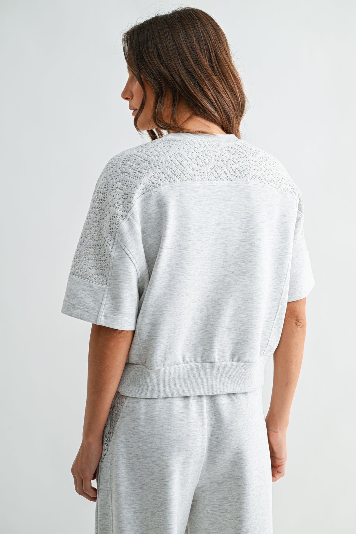 Heather Grey Short Sleeve Lace Mixed Sweatshirt