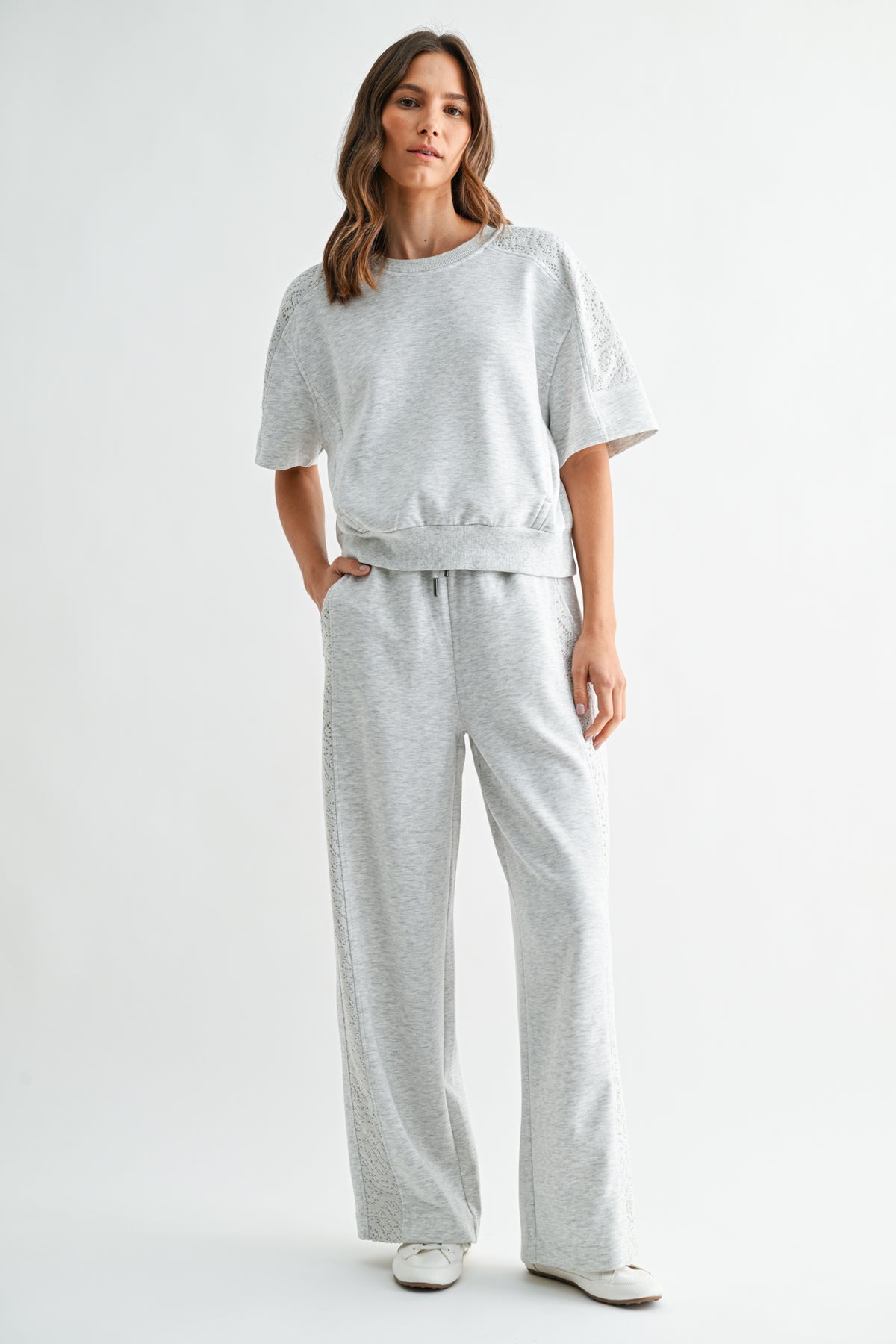 Heather Grey Petite Short Sleeve Lace Mixed Sweatshirt