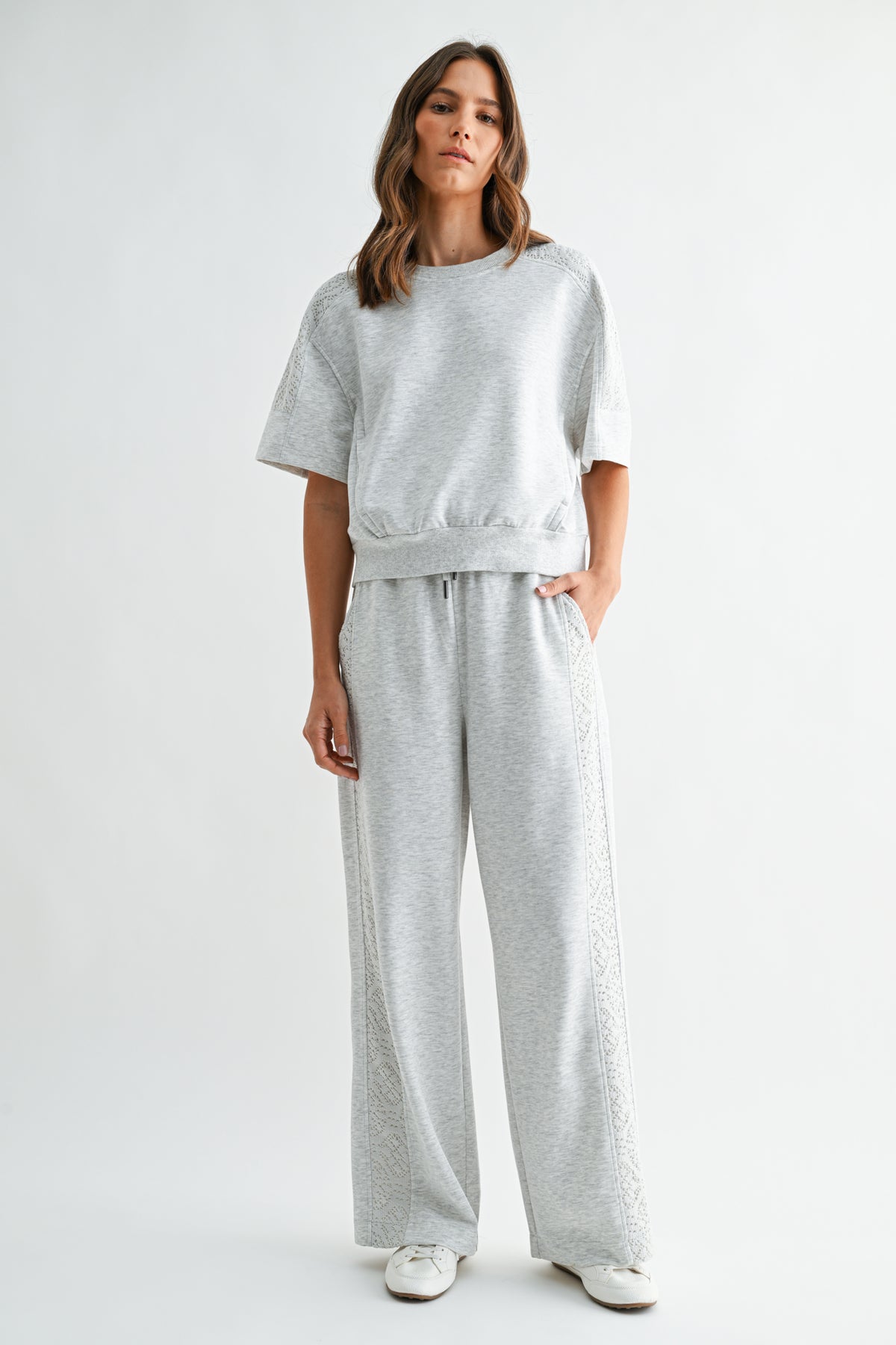 Heather Grey Short Sleeve Lace Mixed Sweatshirt