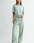 Soft Sage Plus-Size Short Sleeve Lace Mixed Sweatshirt
