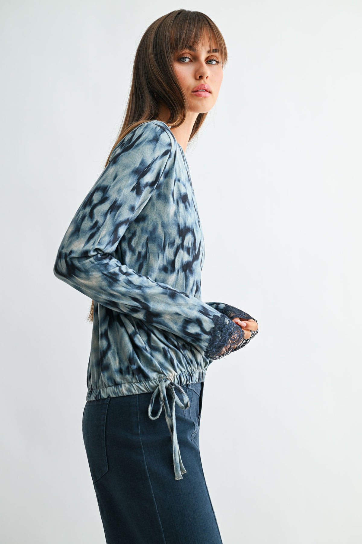 Baltic Blue Long Sleeve Cinched Hem Top