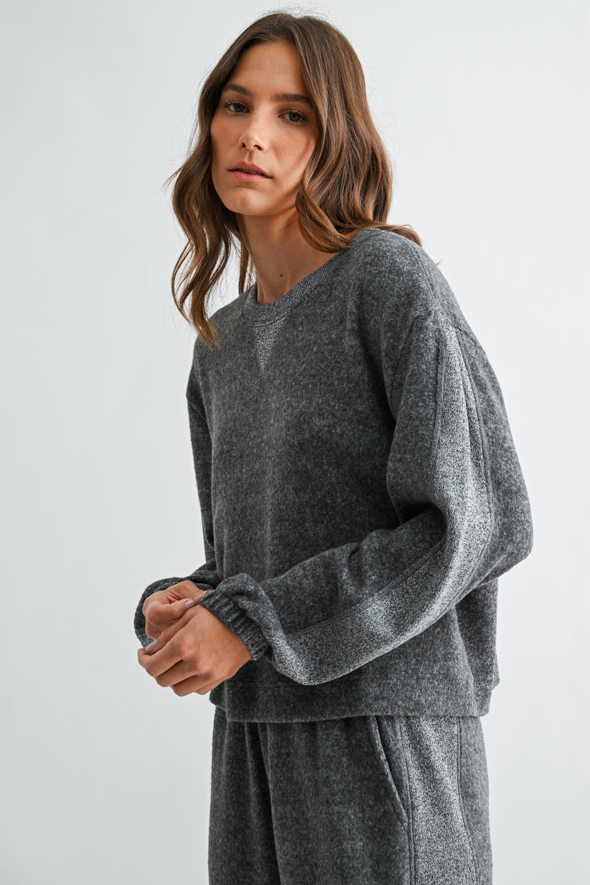 Charcoal Long Blouson Sleeve Crew Neck Top
