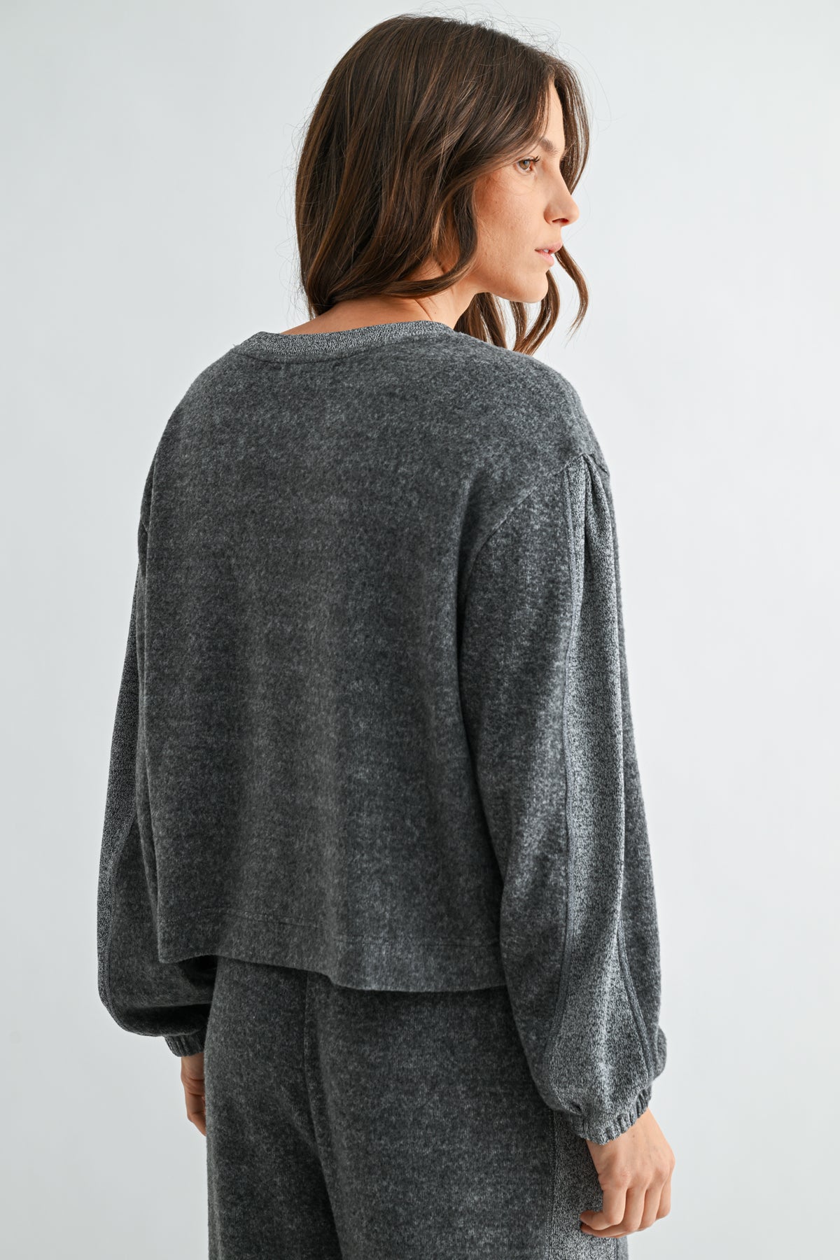 Charcoal Long Blouson Sleeve Crew Neck Top