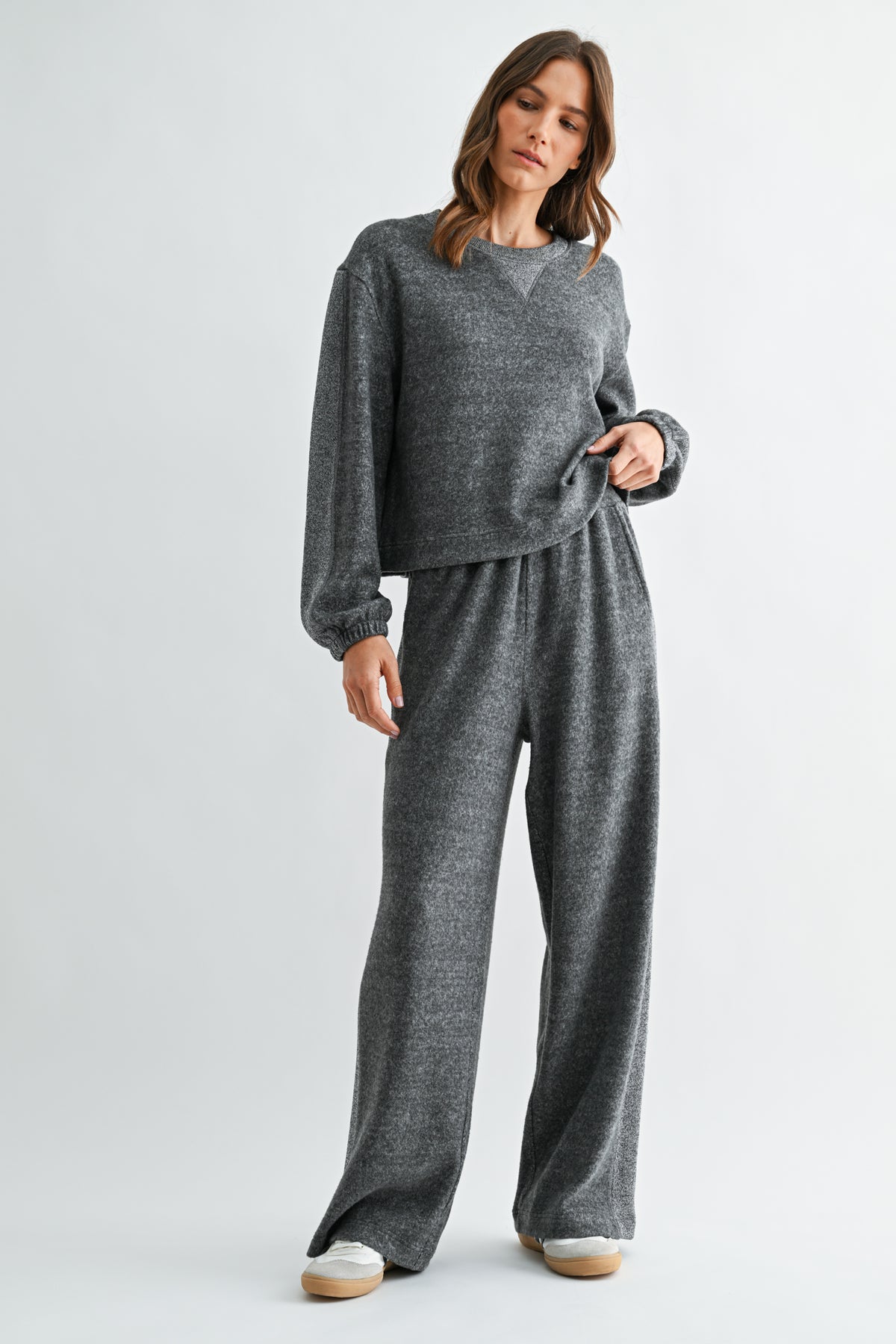 Charcoal Long Blouson Sleeve Crew Neck Top