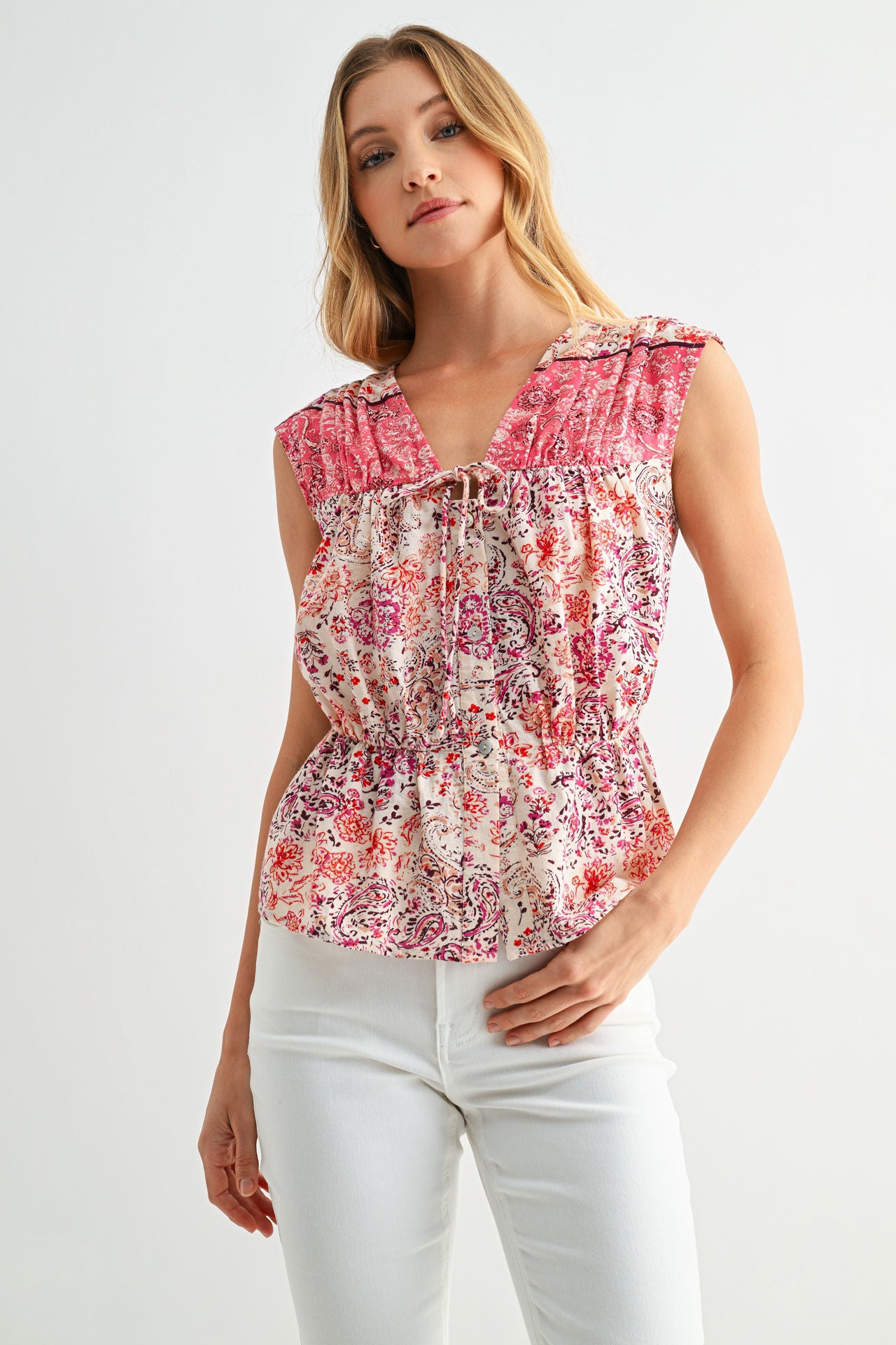 Extend Cap Sleeve Peplum Shirt Cadet Red Print