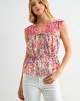 Extend Cap Sleeve Peplum Shirt Cadet Red Print