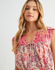 Extend Cap Sleeve Peplum Shirt Cadet Red Print