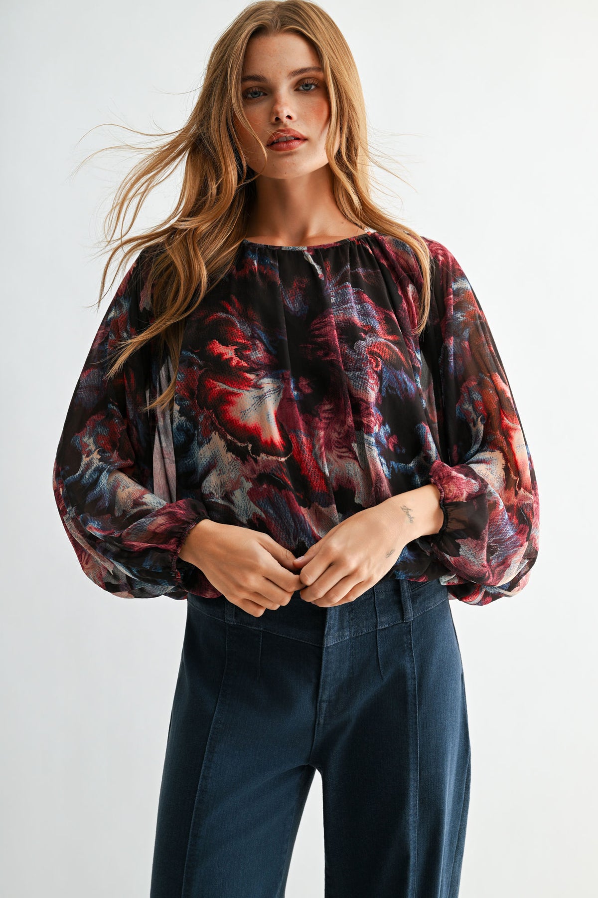 Aubergine Multi  Long Sleeve Bubble Hem Top
