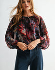 Aubergine Multi  Long Sleeve Bubble Hem Top