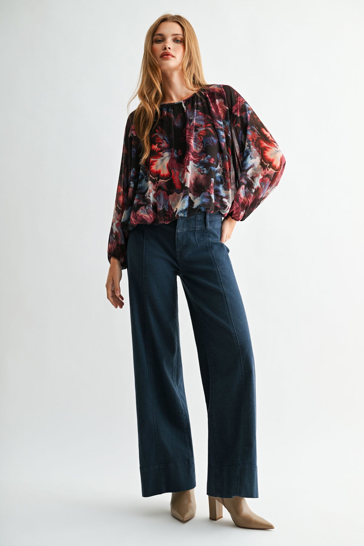 Aubergine Multi  Long Sleeve Bubble Hem Top