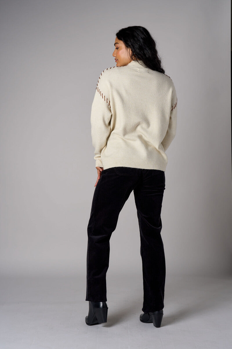 Bone White Lutetia long sleeve whipstitch sweater with mock turtleneck
