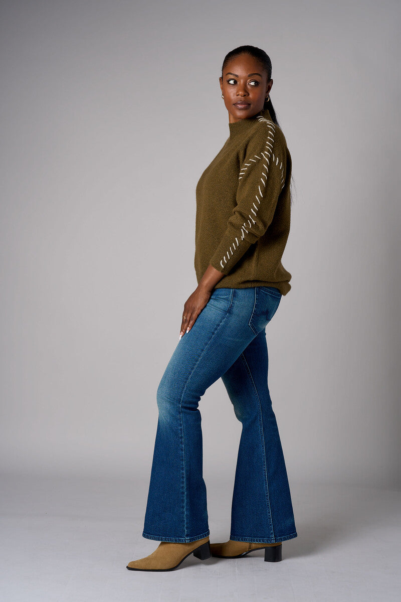 Olive Lutetia long sleeve whipstitch sweater with mock turtleneck