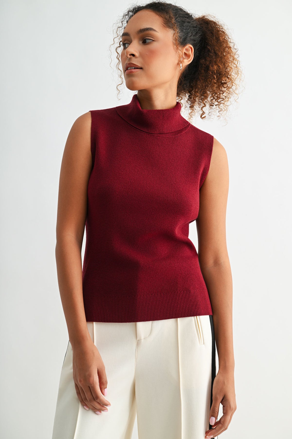 Cherry sleeveless turtleneck sweater