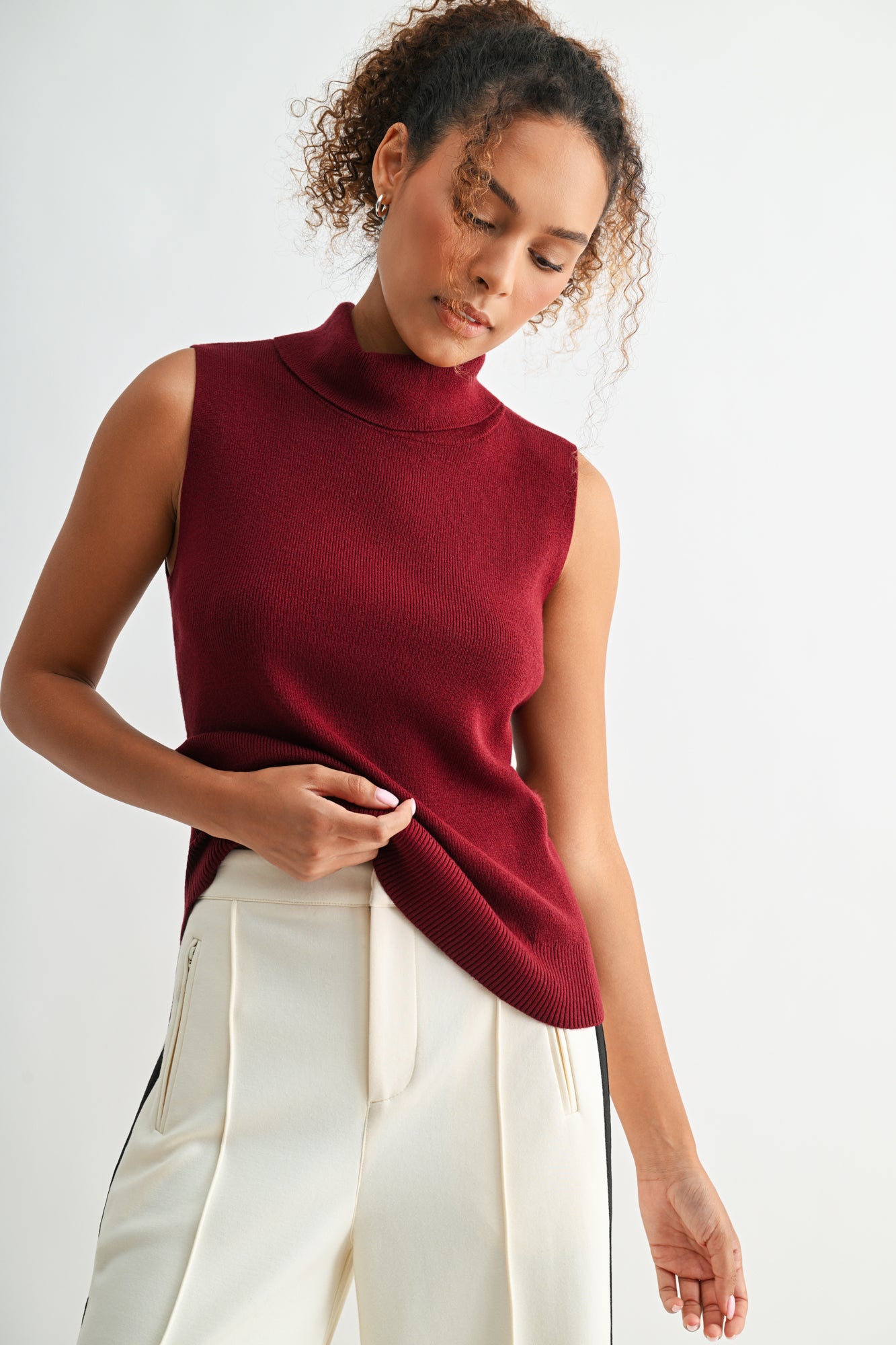 Cherry sleeveless turtleneck sweater
