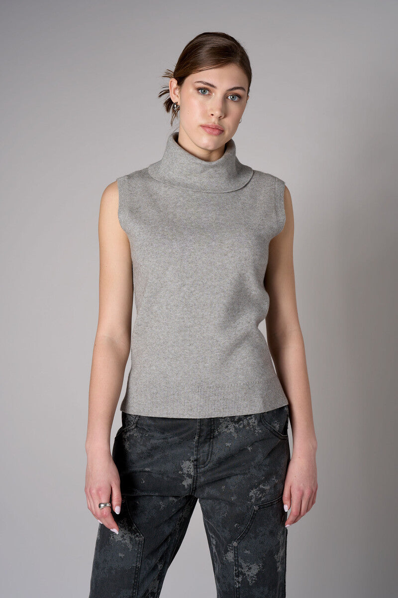 Gray sleeveless turtleneck sweater