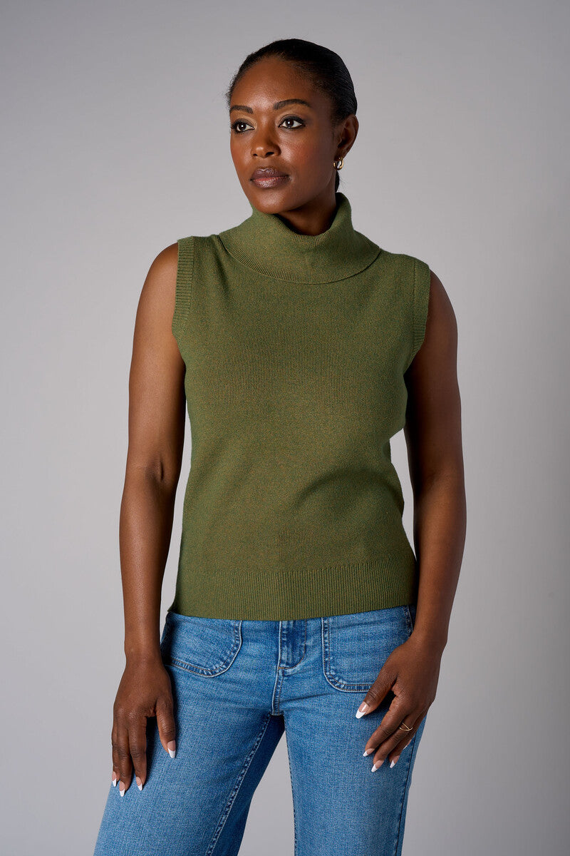 Olive sleeveless turtleneck sweater