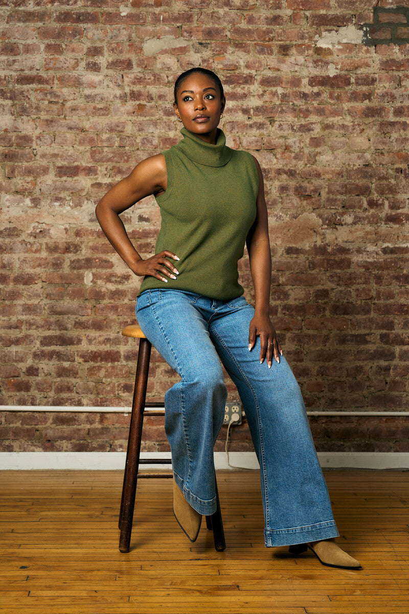 Olive sleeveless turtleneck sweater