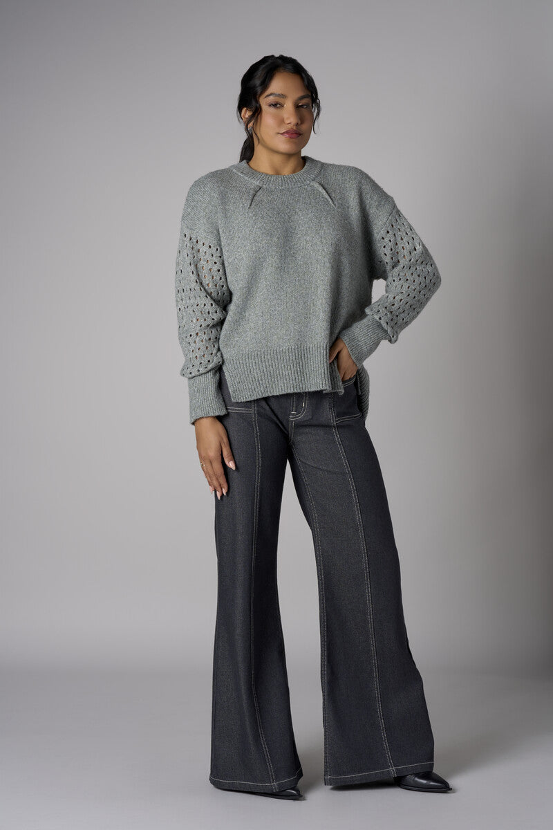 Gray Long Sleeve Open-Work Sweater