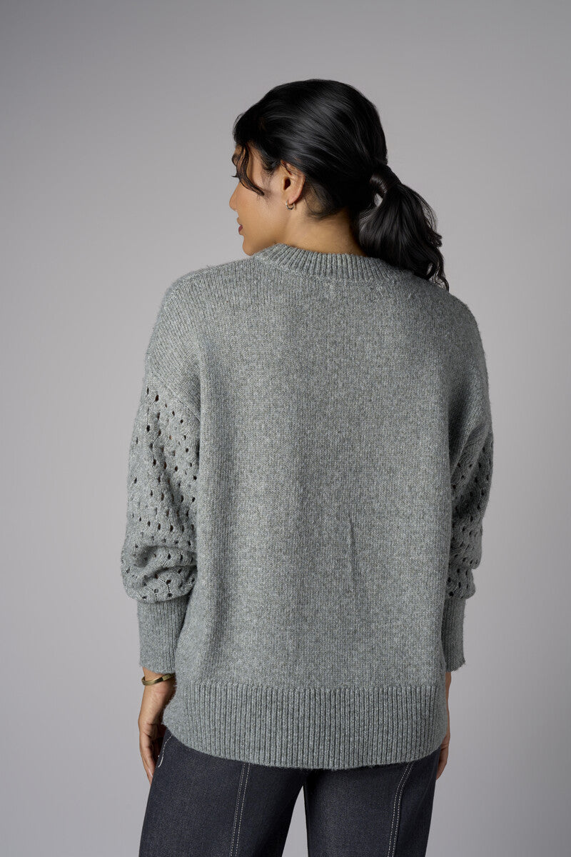 Gray Long Sleeve Open-Work Sweater