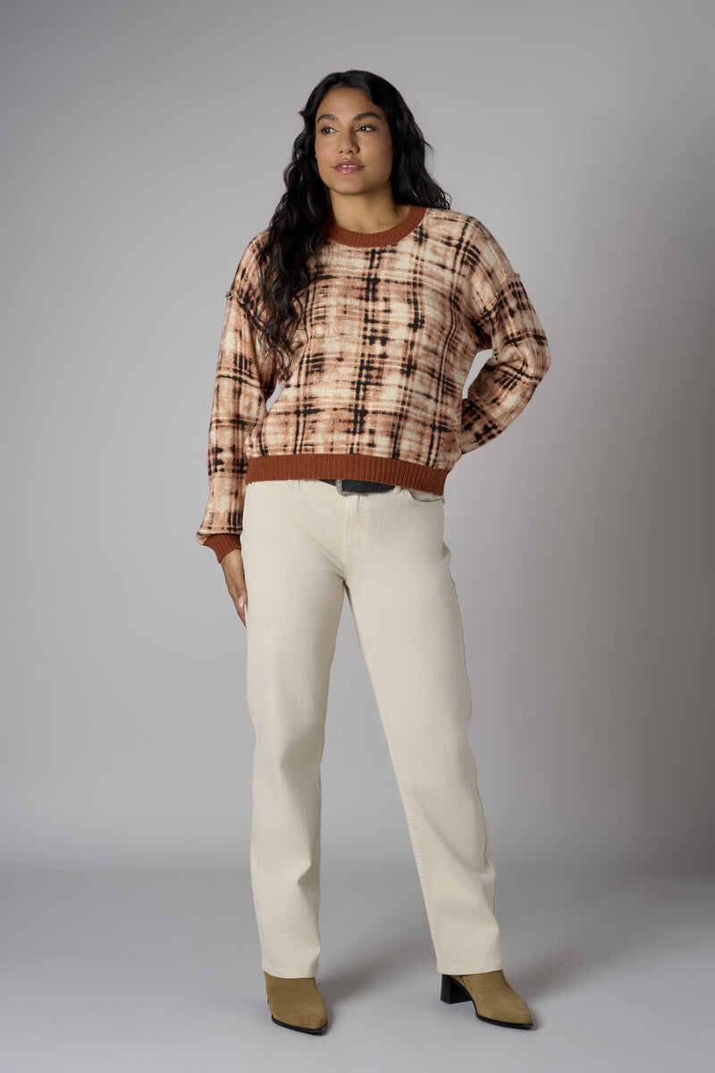 Brown Long Sleeve Abstract Plaid Printed Sweater
