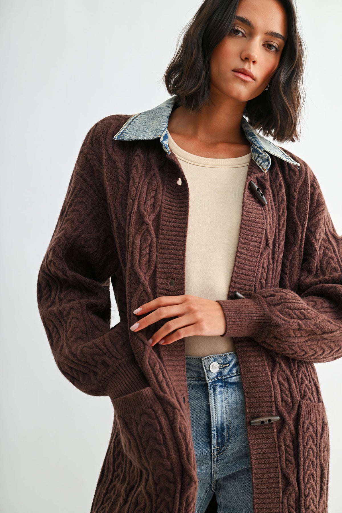 Brown Denim Collar Cardigan