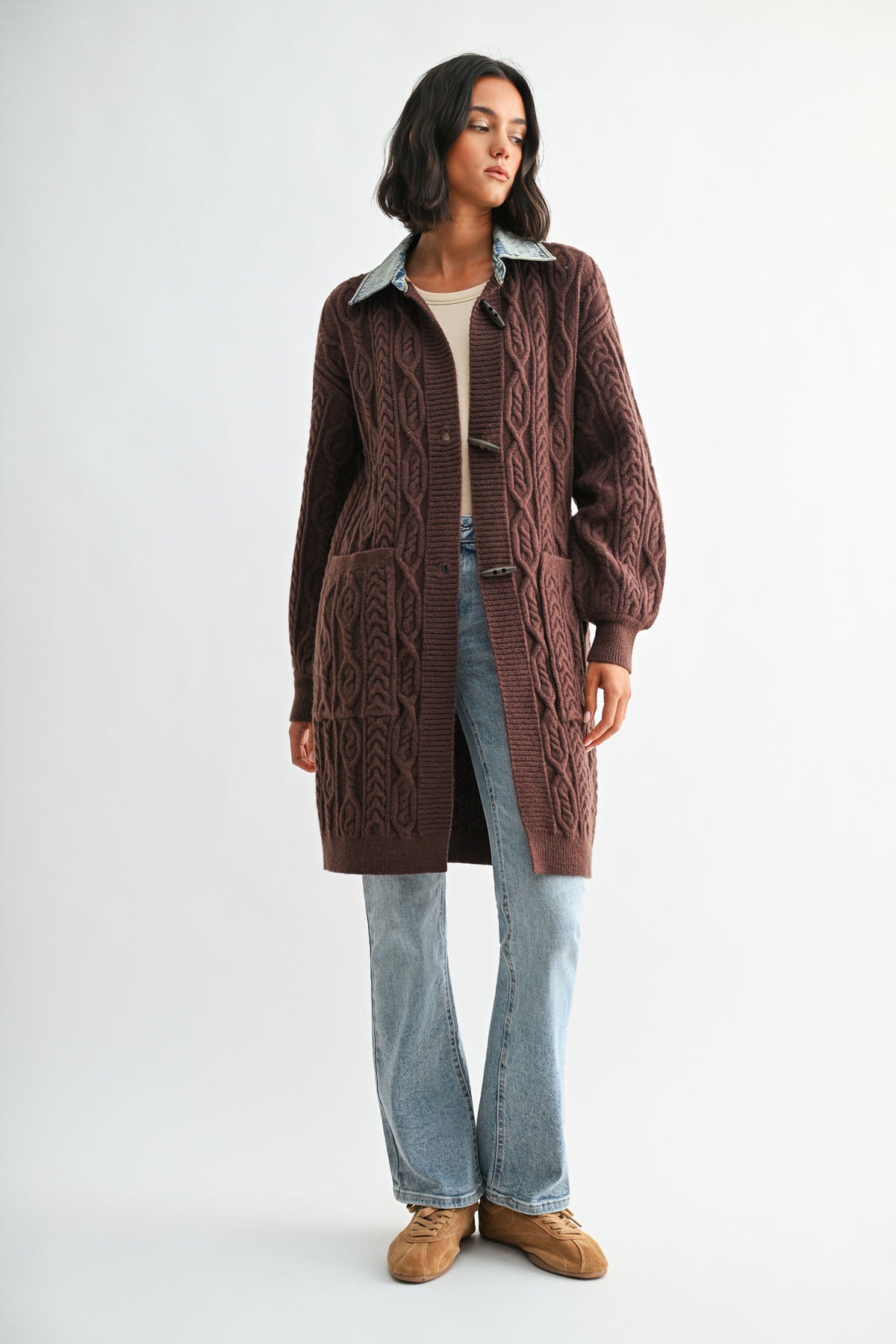 Brown Denim Collar Cardigan