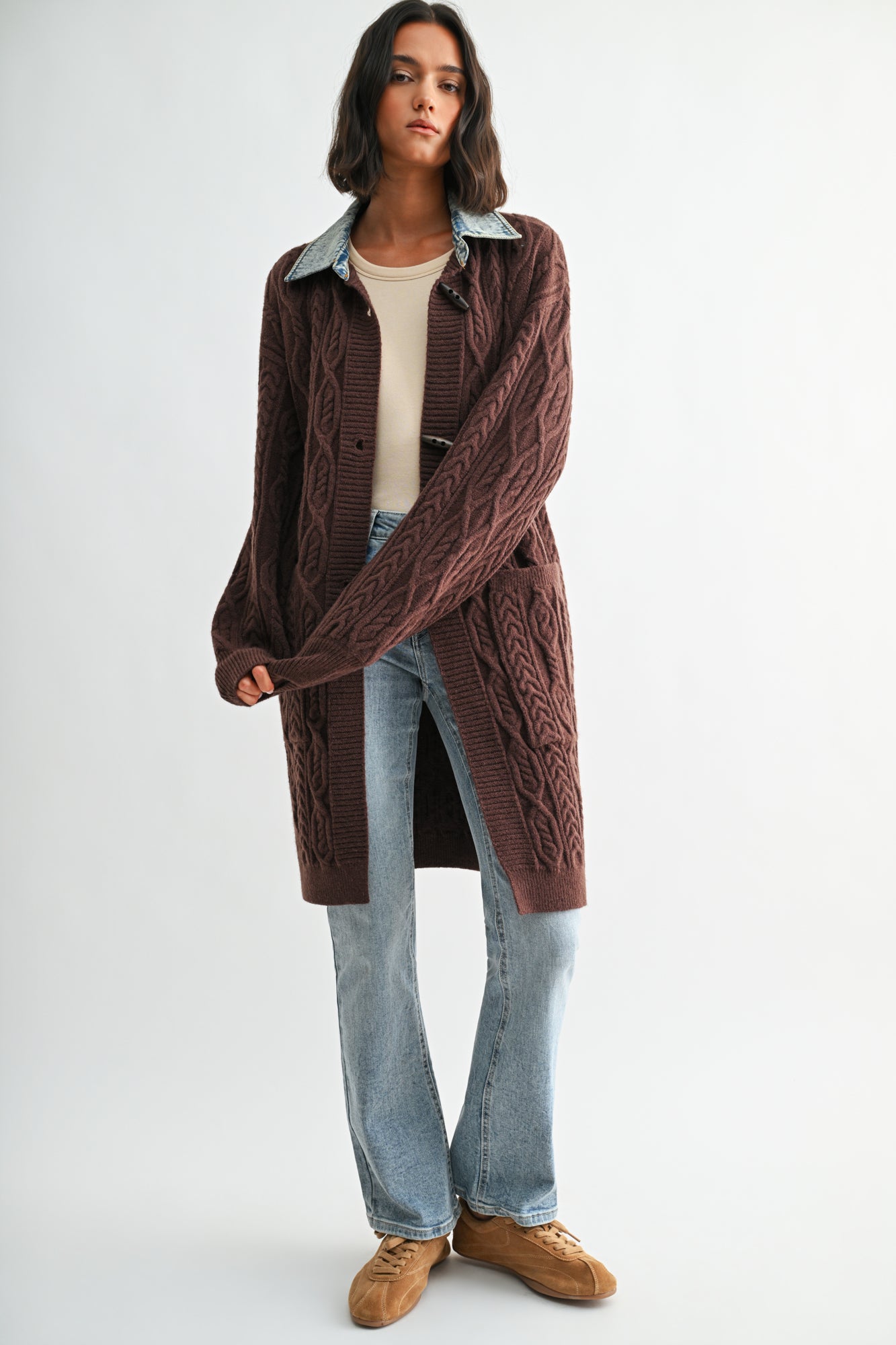 Brown Denim Collar Cardigan