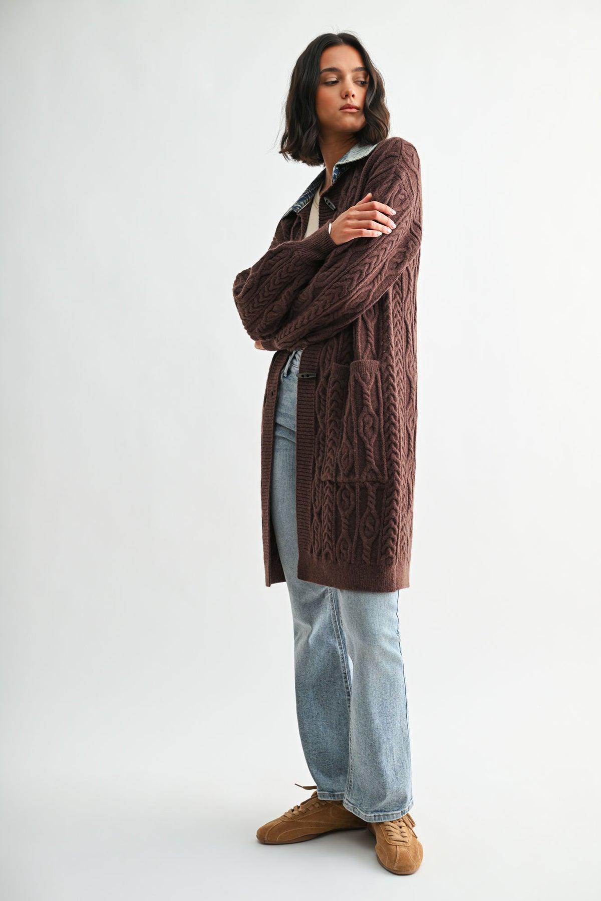 Brown Denim Collar Cardigan
