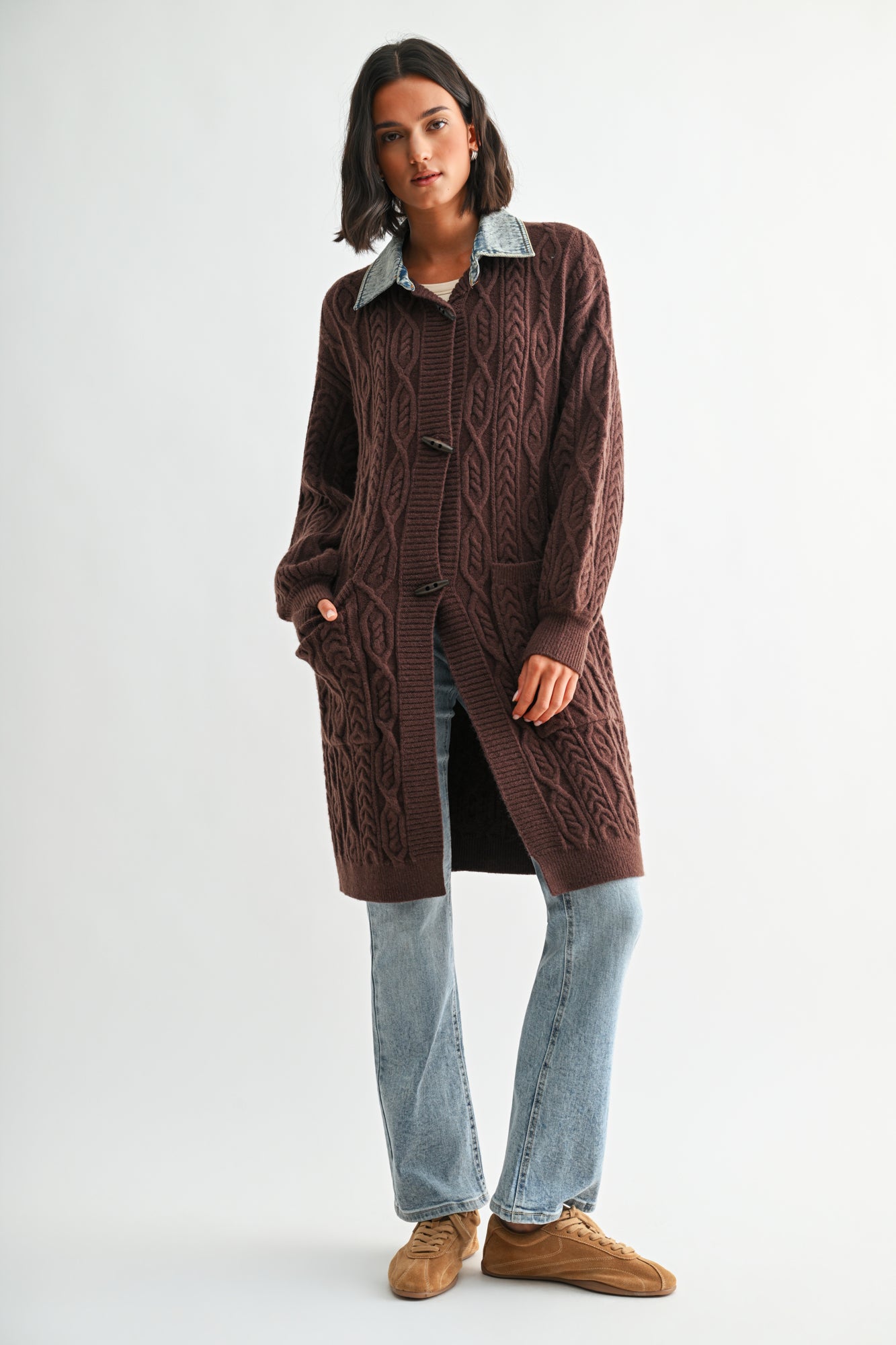 Brown Denim Collar Cardigan