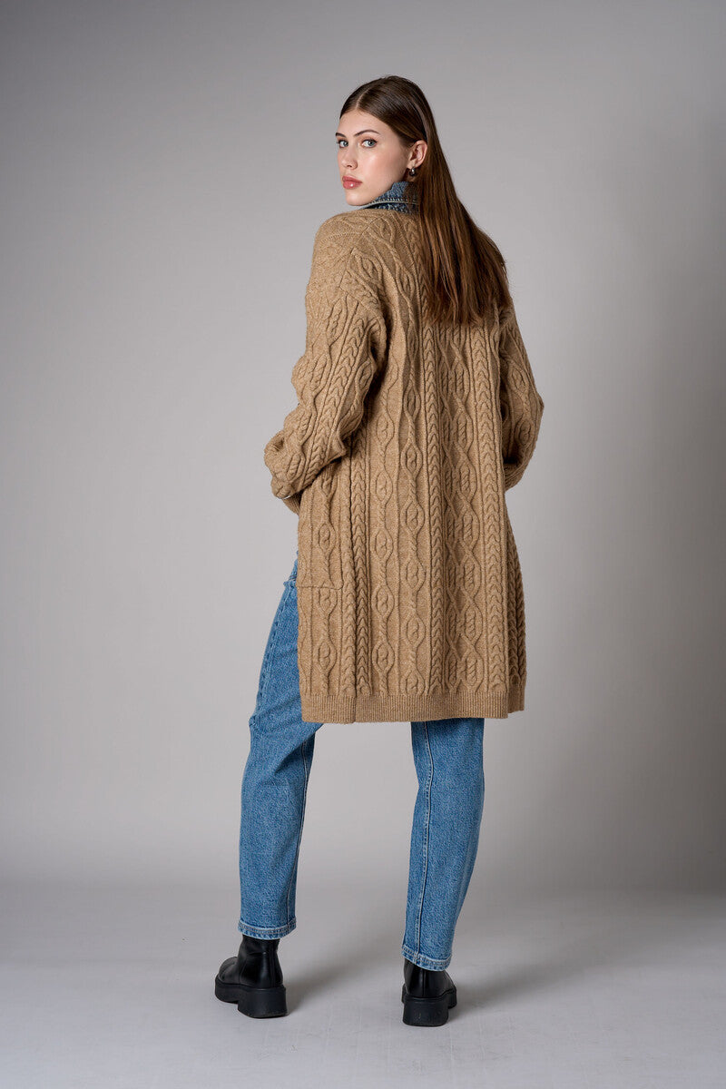 Brown cardigan with denim collar and button front closure.