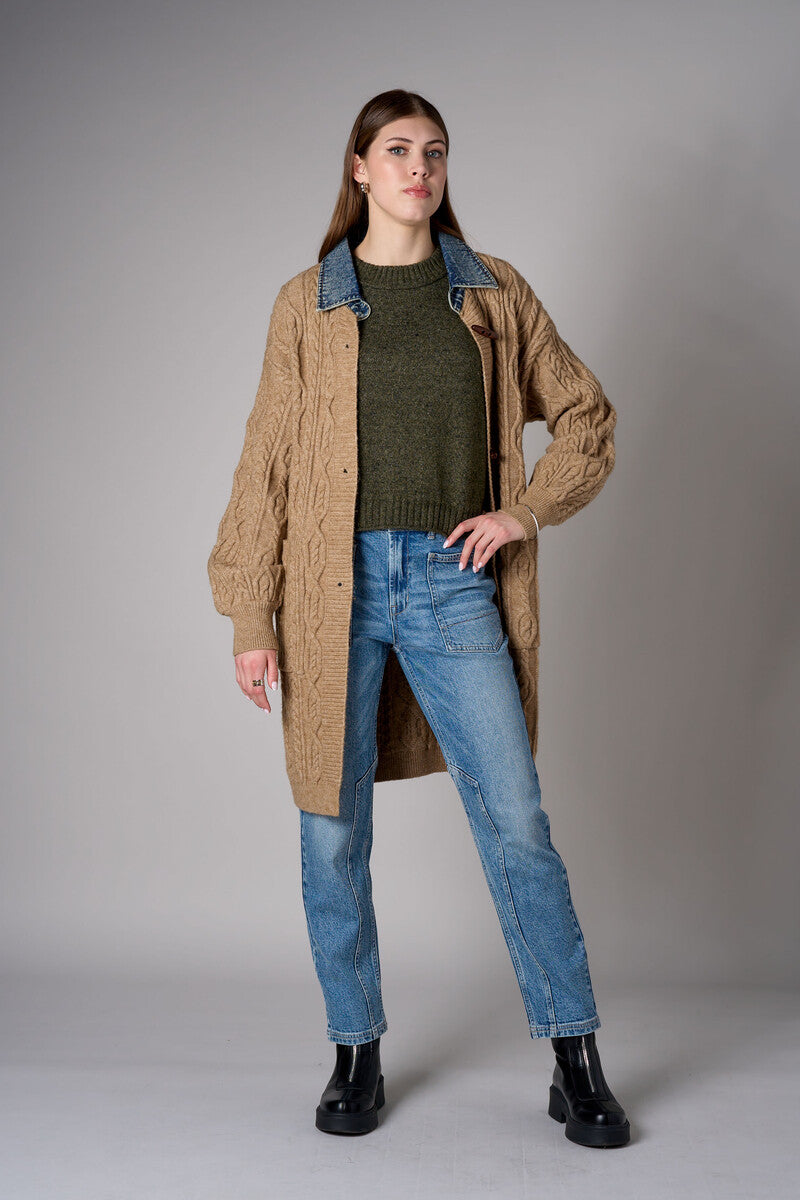 Brown cardigan with denim collar and button front closure.