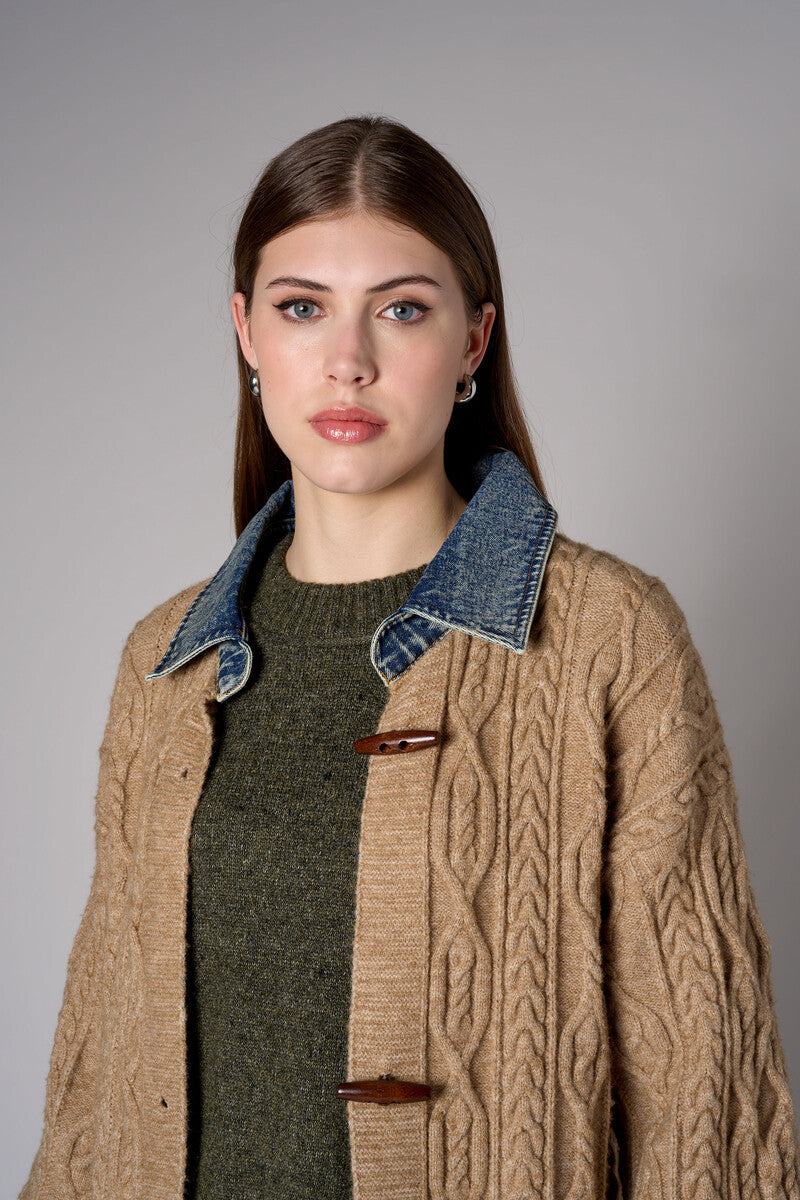 Brown cardigan with denim collar and button front closure.