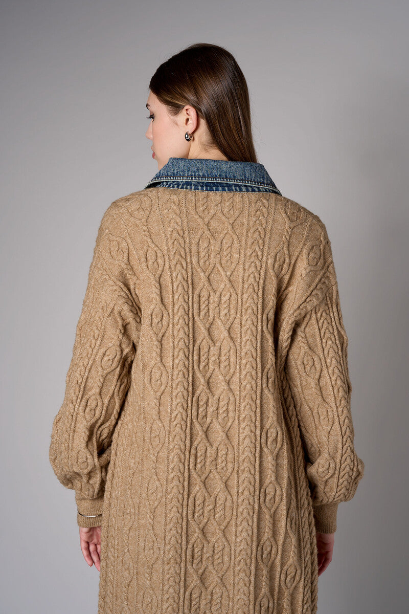 Brown cardigan with denim collar and button front closure.