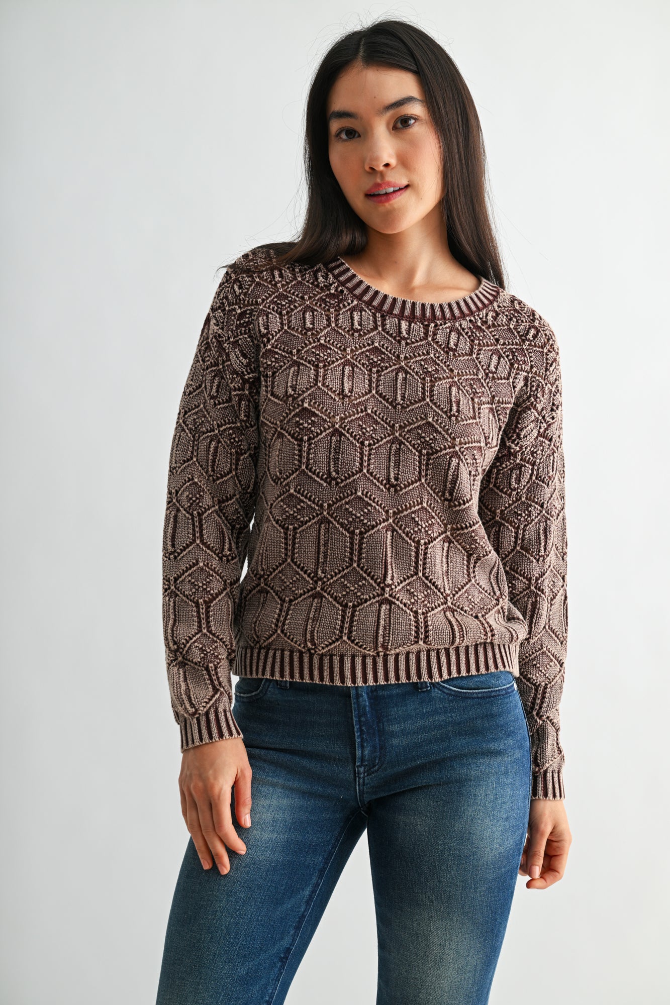 Chocolate Crew Neck Distressed Sweater