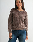 Chocolate Crew Neck Distressed Sweater