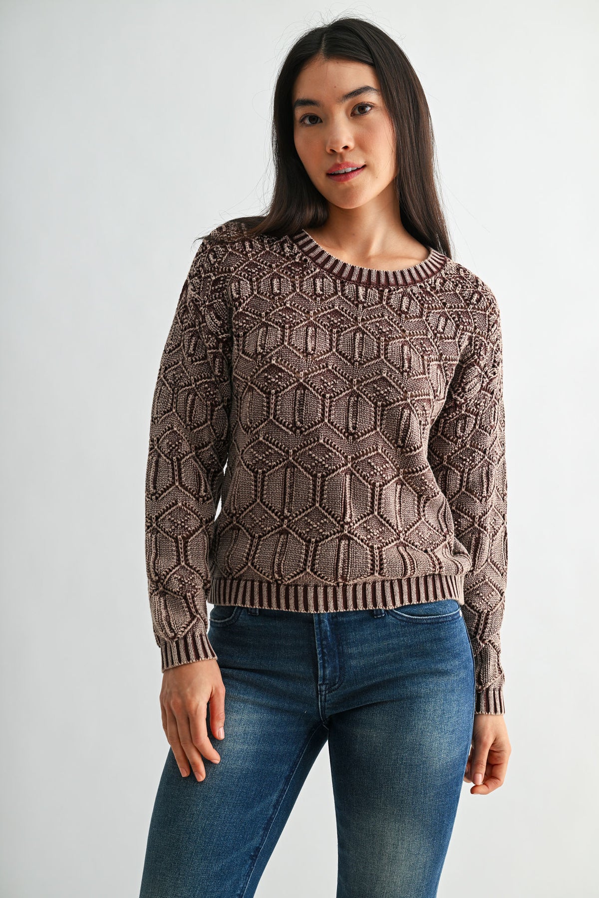Chocolate Crew Neck Distressed Sweater