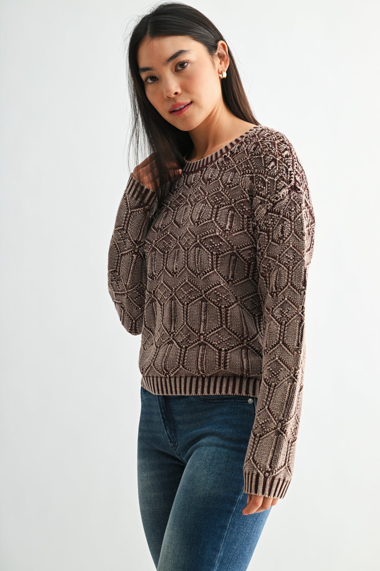 Chocolate Crew Neck Distressed Sweater