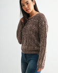 Chocolate Crew Neck Distressed Sweater