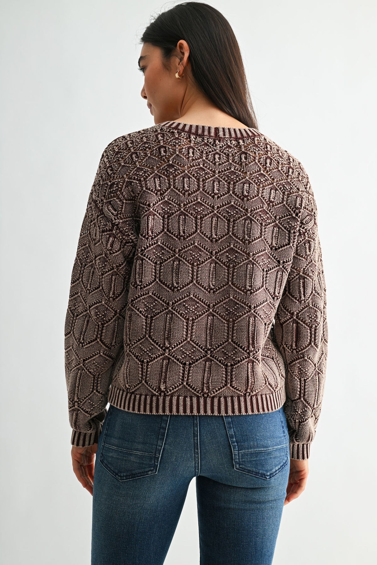 Chocolate Crew Neck Distressed Sweater